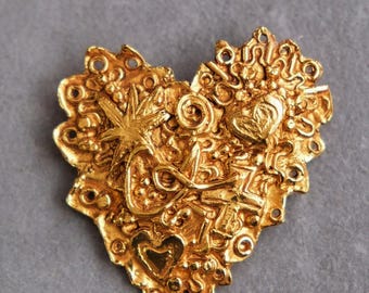 Vintage Christian Lacroix Heart Brooch: Gold Tone Rhinestone Logo