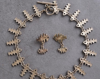 BICHE DE BERE fun Fish Bones Vintage Necklace and Ear Clips Vintage Jewelry Set