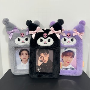 Llavero portafotos de Sanrio de Kuromi - Estuche de peluche para tarjetas fotográficas Kpop - Bonito álbum portátil de tarjetas fotográficas en gris, negro y morado