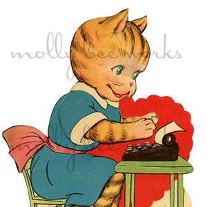 Vintage Valentine Tabby Cat Typing Descarga digital instantánea imprimible