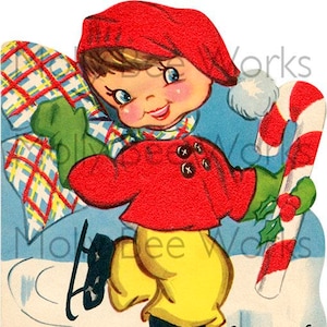 Vintage kerstkaart meisje schaatsen snoep stok afdrukbare instant digitale download