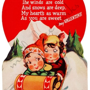Veranderde vintage Valentijn twee meisjes op slee lesbische homo niet-binaire Valentijnsdag wenskaart afdrukbare instant digitale download