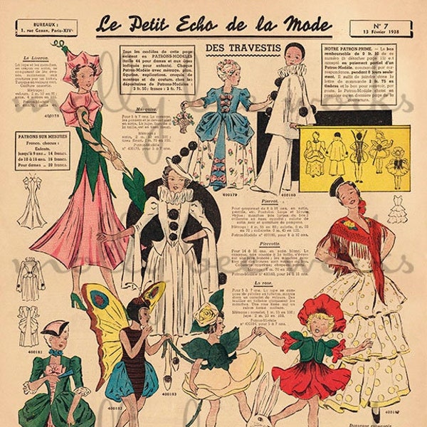 Vintage French Halloween Costumes 1938 Sewing Magazine Page Printable Instant Digital Download