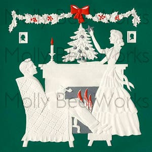 Vintage Christmas Card  Silhouette Couple Printable Instant Digital Download