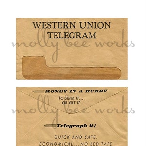 Sobre de telegrama Western Union de los años 30, anverso y reverso, descarga instantánea para imprimir