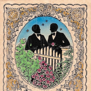 Veranderde Vintage Valentine twee mannen mannelijke silhouetten Gay Valentijnsdag wenskaart afdrukbare Instant Digitale download