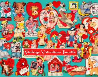May include: A collection of vintage Valentine's Day cards and illustrations. The images feature cartoon animals, children, and hearts in various colors, including red, blue, and yellow. The text "Vintage Valentines Bundle" is displayed in a red banner.