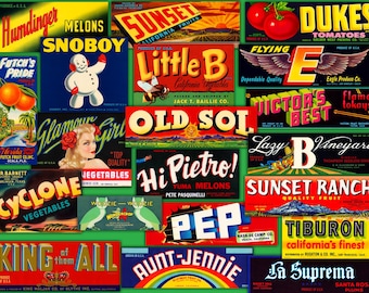 May include: A collage of vintage fruit and vegetable crate labels. The labels feature colorful illustrations and text, including "Sunset Fruits," "Dukes Tomatoes," and "Hi Pietro! Yuma Melons." The labels are arranged on a green background.