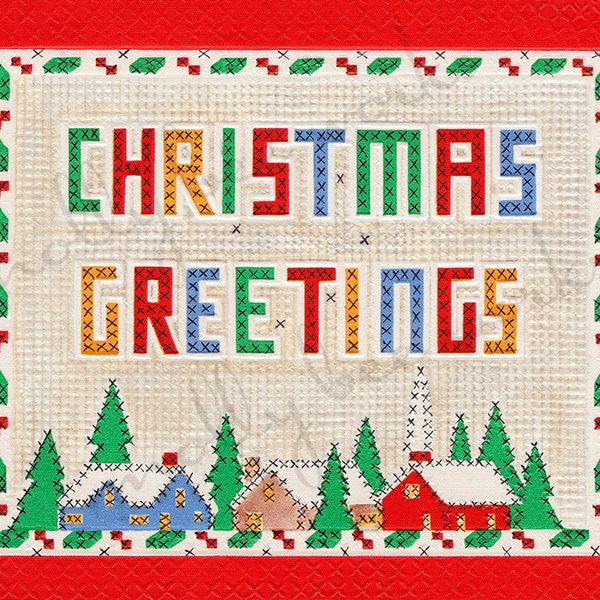 Vintage Christmas Greetings Xmas Card Sweet Cross Stitch Sampler Look Colorful Printable Instant Digital Download