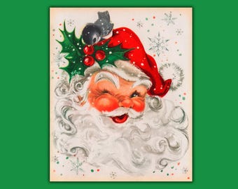 Vintage Christmas Card Image Jolly Winking Santa With Swirling Beard Holly Bird Printable Instant Digital Download
