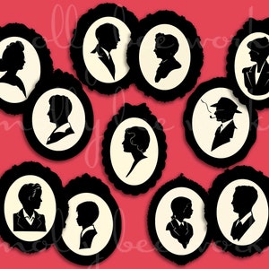 Collection ultime de silhouettes vintage 24 silhouettes dans des cadres ovales PNG et JPG femmes hommes enfants imprimable téléchargement numérique instantané