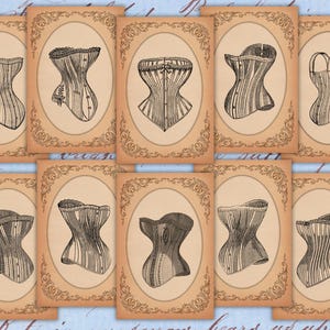 Lindos cartões de espartilho vitoriano emoldurados 10 estilos de laços, laços, botões e ossos! De anúncios antigos de 1890 Download digital instantâneo