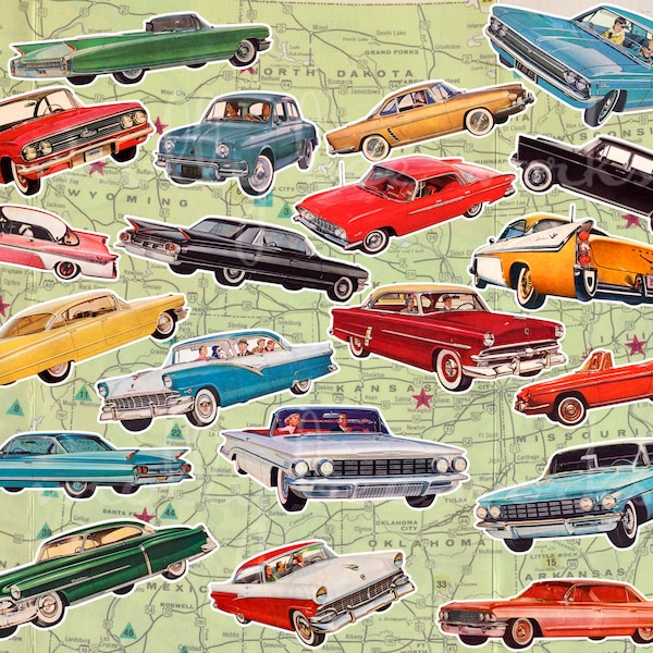 Printable Cut Outs Fussy Cuts Cool Old Vintage Cars Colorful Cadillacs Convertibles 1950's 1960's Instant Digital Download