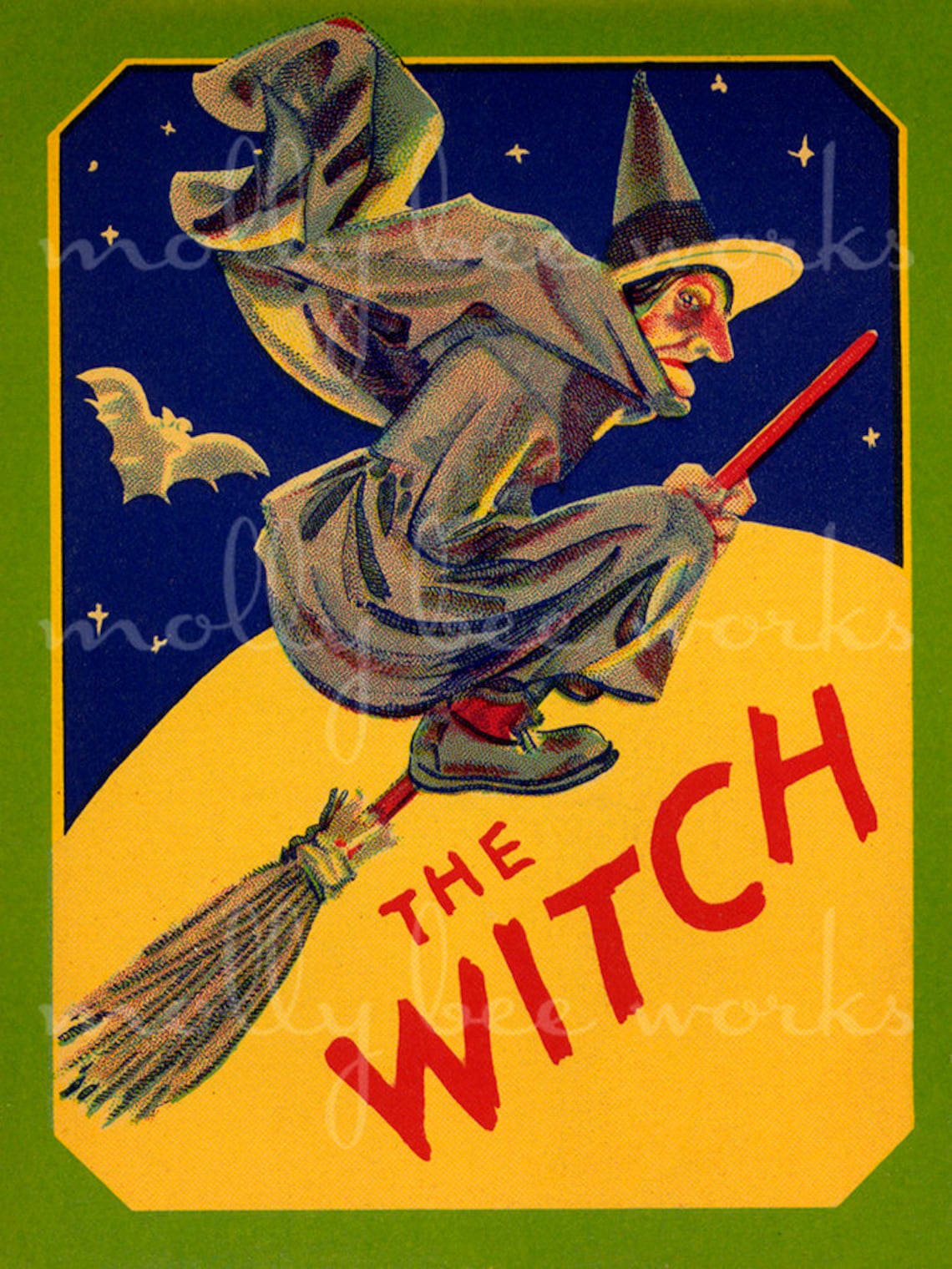 Vintage Halloween Image Witch Flying on Broom Bat Printable Instant ...