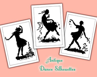 May include: Three framed black silhouette art prints of dancing figures on a light pink background. The silhouettes are of women in flowing dresses, holding flowers. The text "Antique Dance Silhouettes" is below the prints.