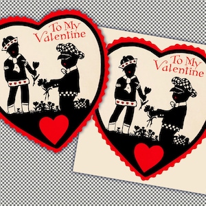 Könnte beinhalten: Zwei Valentinstagskarten in Herzform mit rotem, gewelltem Rand. Die Karten zeigen eine schwarze Silhouette von zwei Figuren, die Blumen austauschen, mit dem Text "To My Valentine" in Rot. Unten befindet sich ein rotes Herz.