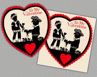 May include: Two Valentine's Day cards with a heart shape and a red scalloped border. The cards feature a black silhouette of two figures exchanging flowers, with the text "To My Valentine" in red. A red heart is at the bottom.