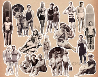 Recortes imprimibles con diseños de trajes de baño vintage. Surfistas, hombres, mujeres y niños. Fotos antiguas y vintage para la playa. Descarga digital instantánea.
