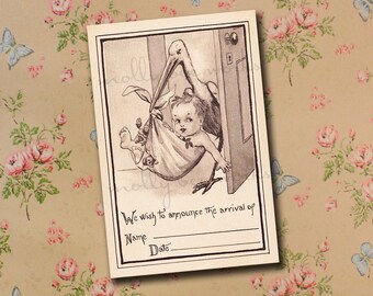 May include: A vintage-style baby announcement card featuring a stork carrying a baby in a bundle. The black and white illustration shows the stork at a doorway. The card includes space to write the baby's name and date.