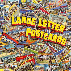 Puede incluir: Una colección de postales vintage con varias ciudades y estados de EE. UU. Las postales tienen diseños coloridos y el texto "LARGE LETTER POSTCARDS" en amarillo y rojo.