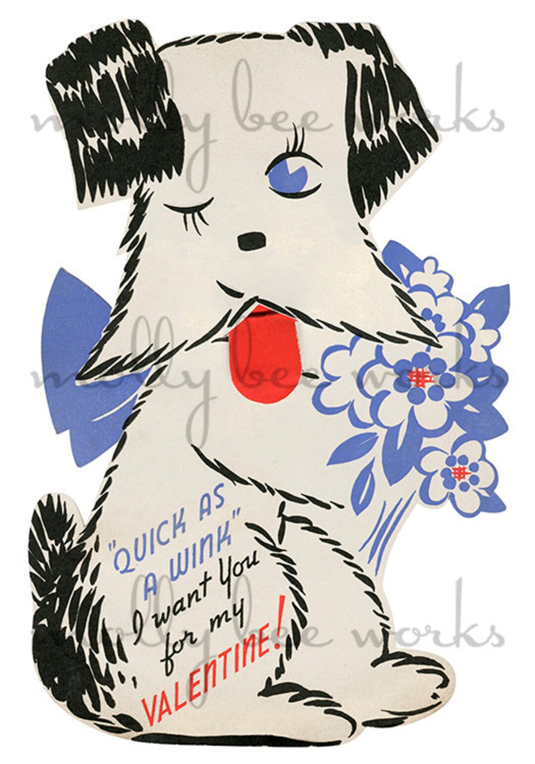 Vintage Valentine White Dog Black Ears Winking Printable - Etsy