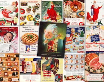 May include: A collage of vintage Christmas advertisements. The ads feature Santa Claus, pies, Coca-Cola, and various products. The color palette includes red, green, and white, evoking a festive holiday atmosphere.