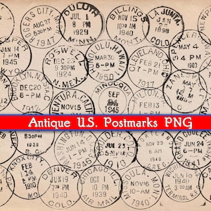 32 antyczne zabytkowe amerykańskie stemple pocztowe z lat 1889-1950 Format PNG Przezroczyste tło 24 różne stany Natychmiastowe pobieranie cyfrowe