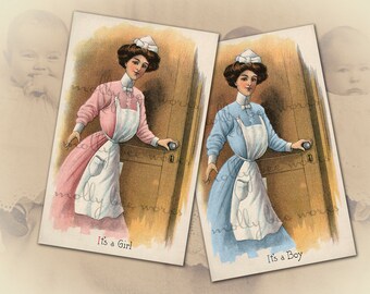 May include: Two vintage postcards with illustrations of nurses announcing the birth of a baby. The nurse on the left is wearing a pink dress and apron and holding a door open. The text reads "It's a Girl". The nurse on the right is wearing a blue dress and apron and holding a door open. The text reads "It's a Boy".