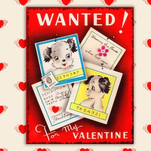 Vintage Valentijn schattig GEZOCHT posters puppy's honden kalverliefde detective mugshot vingerafdruk direct afdrukbare digitale download