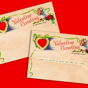 Telegrama em branco do Dia dos Namorados do Cupido da Western Union dos anos 1960 para personalizar e doce mensagem original para impressão, download digital instantâneo