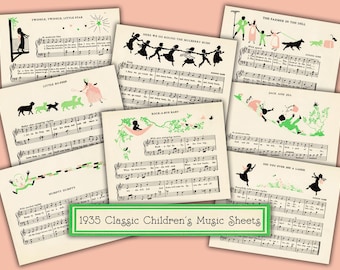May include: A collection of vintage sheet music featuring classic children's songs. Each sheet has illustrations and musical notation. The text "1935 Classic Children's Music Sheets" is displayed on a green banner.