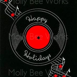Vintage Weihnachtskarte Spinning Rekord Frohe Feiertage mit Musiknoten Spaß Grafiken Printable Sofortiger digitaler Download