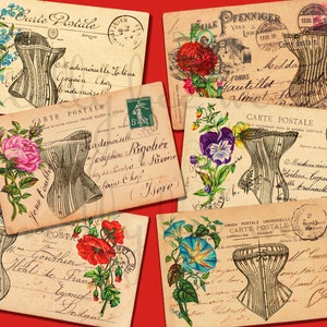 Cartoline francesi d'epoca con corsetti antichi Bellissime carte di diario di spazzatura floreale stampabili Download digitale istantaneo
