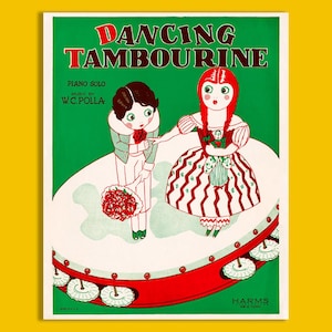 Vintage bladmuziek hoes dansen tamboerijn illustratie afdrukbare muur kunst wenskaart pop paar instant digitale download