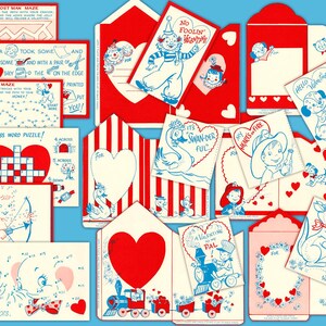 May include: A set of vintage Valentine's Day cards featuring red and white hearts, a swan, a kangaroo, and a fireman. The cards have various messages, including "No Foolin' Valentine", "It's Swan-derful", "My Heart's on Fire", and "Happy Valentine's Day".