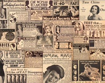 May include: A collage of vintage advertisements from newspapers and magazines, featuring text and illustrations. The ads promote various products and services, including weight loss, beauty treatments, and feminine hygiene. The overall color scheme is sepia.