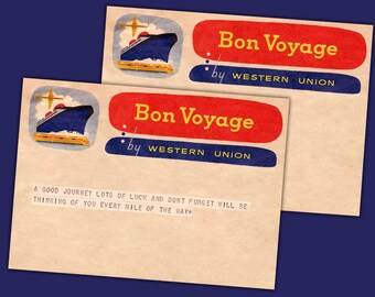 May include: Two vintage postcards with a blue and red design that says "Bon Voyage" by Western Union. The postcards have an illustration of a ship and the text "A good journey lots of luck and don't forget will be thinking of you every mile of the way."