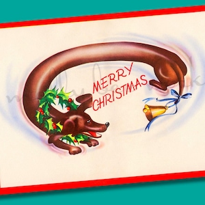 Cartão de Feliz Natal Dachshund Vintage Bonito Divertido Xmas Doxie Esticado Wiener Dog Salsicha Cães Holly Imprimível Instantâneo Download Digital