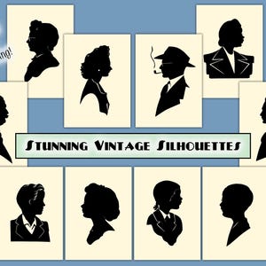 Puede incluir: Conjunto de diez ilustraciones de siluetas vintage en blanco y negro de personas. Las ilustraciones están en un estilo simple y clásico y serían perfectas para usar en scrapbooking, creación de tarjetas u otros proyectos de manualidades.