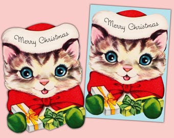 May include: Two vintage-style Christmas cards featuring a tabby kitten with large blue eyes wearing a red Santa hat. The kitten has a red bow around its neck and is holding two wrapped gifts with green and yellow ribbons. The text Merry Christmas is printed in black script on the white brim of the hat.