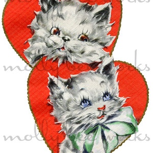 Vintage Valentine Two Dreamy Eyed Cats in Hearts afdrukbare Instant Digitale Download