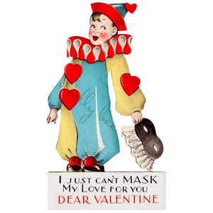 Vintage Clown Valentijn met geplooide kraag en ruchesmasker Valentijnsdag wenskaart afdrukbare Instant Digitale Download
