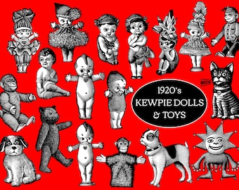 May include: A collection of vintage Kewpie dolls and toys in black and white on a red background. The image includes various dolls, a monkey, a bear, a dog, a cat, and a jester. The text "1920's KEWPIE DOLLS & TOYS" is in a black oval.