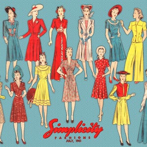 May include: Illustration of vintage fashion designs from July 1941, featuring various dresses, suits, and ensembles in red, blue, yellow, and patterned fabrics. The image includes the text "Simplicity Fashions" in a red script font.