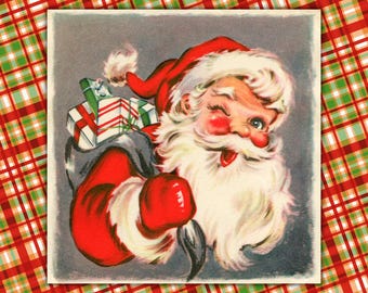 Vintage Christmas Card Jolly Winking Santa With Presents Printable Instant Digital Download