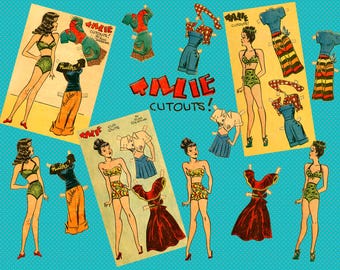 May include: Vintage paper doll cutouts featuring illustrations of women in various outfits. The cutouts include dresses, skirts, tops, and swimwear. The text "TAME CUTOUTS!" is displayed in red letters. The background is a light blue with white polka dots.