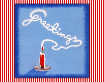May include: A vintage-style greeting card with a blue background featuring a red candle in a silver holder. The word "Greetings" is written in white script above the candle. The card has a red and white striped border.
