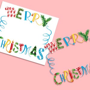 May include: A festive Christmas card with a white background and a blue, red, green, and yellow border of the words "Merry Christmas" and "Christmas Merry".