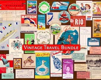 May include: A collection of vintage travel ephemera, including tickets, postcards, and advertisements. The items feature colorful graphics and text, with a red banner reading "VINTAGE TRAVEL BUNDLE". The items are arranged on a brown background.