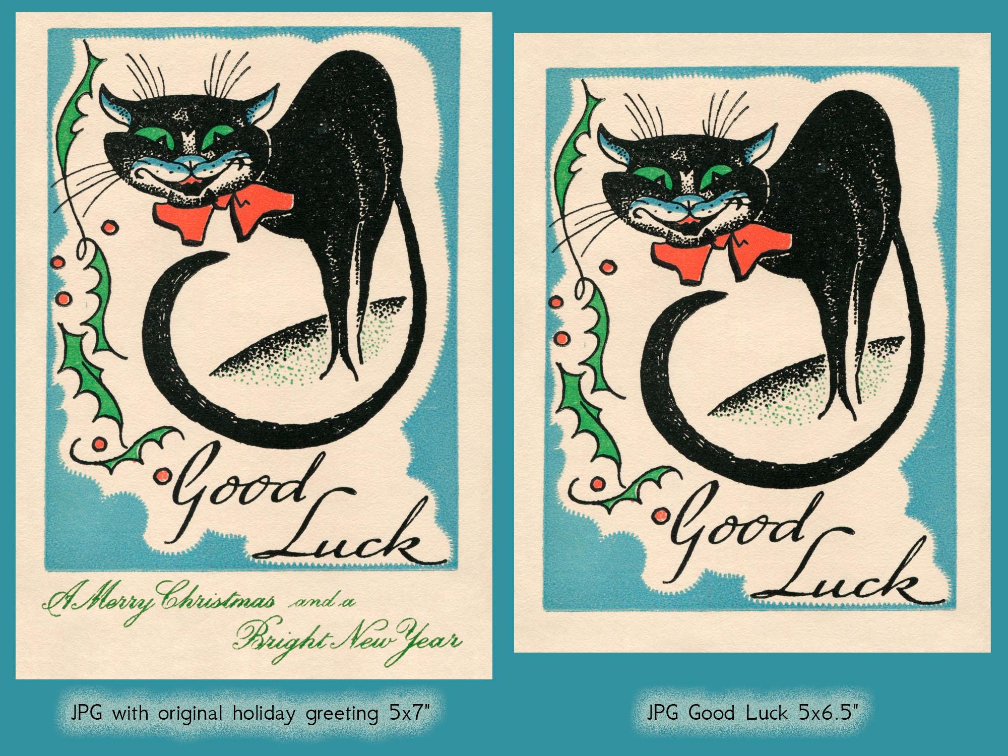 Vintage Good Luck Superstitious Black Cat Holiday Greeting Card